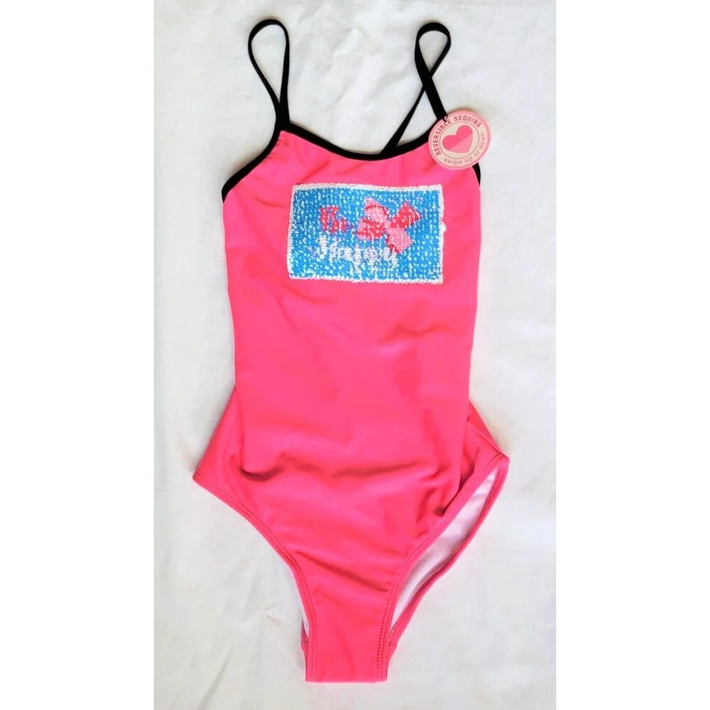 NWT Jojo Siwa S One Piece Flip Sequins Bathing Swim Suit Pink UPF 50+ Crisscross